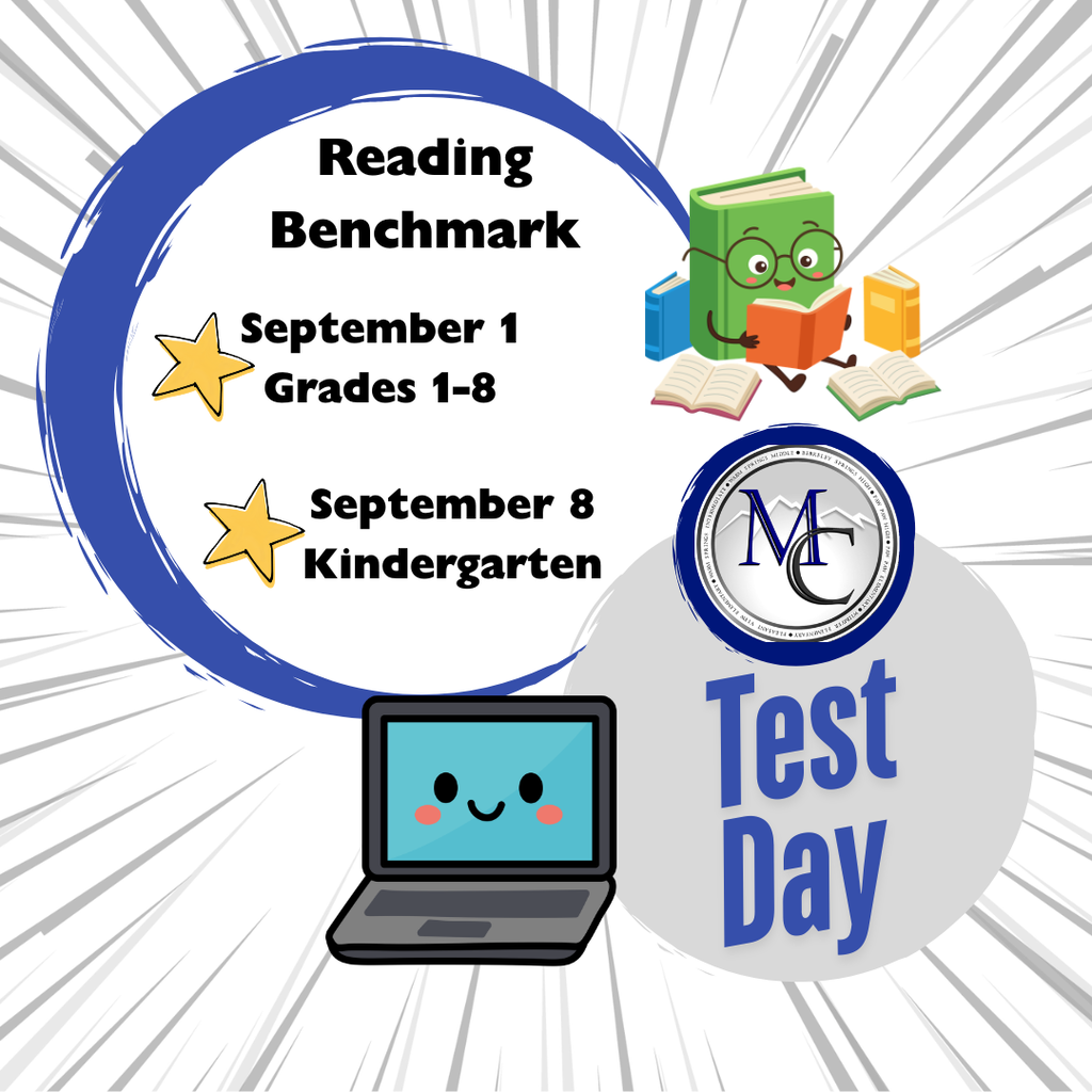 Reading benchmark test day graphic showing dates for grades 1–8 and kindergarten.