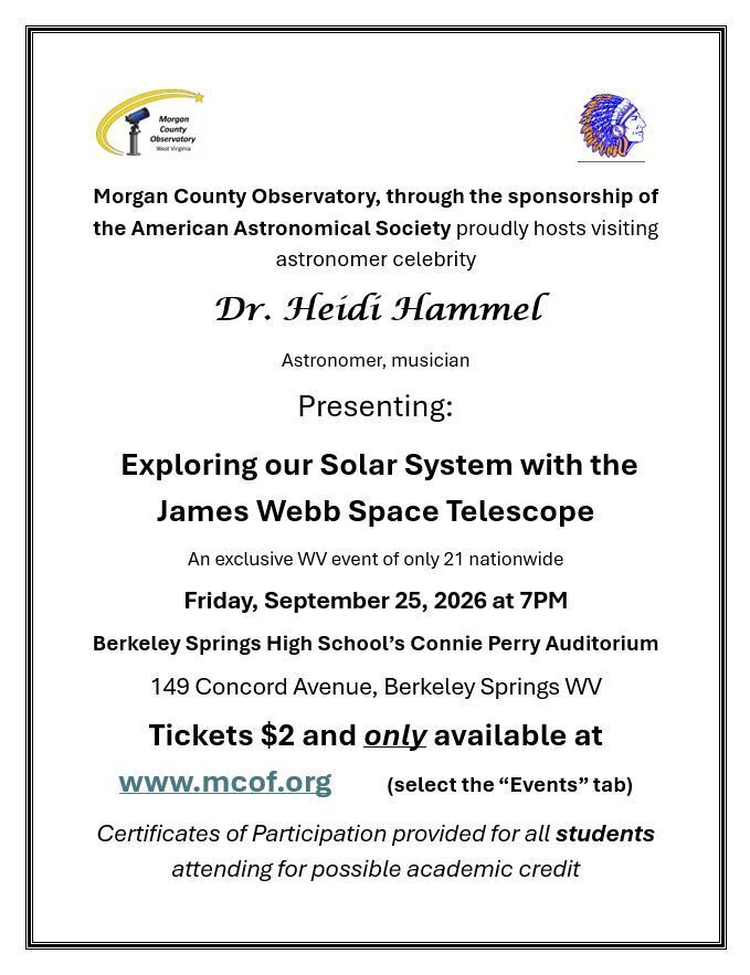 Morgan County Observatory presenting Exploring our Solar System with the James Webb Space Telescope at BSHS on September 25 at 7PM.