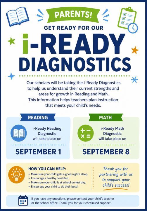 i-Ready flyer lists Reading Sept. 1 and Math Sept. 8 diagnostic dates.