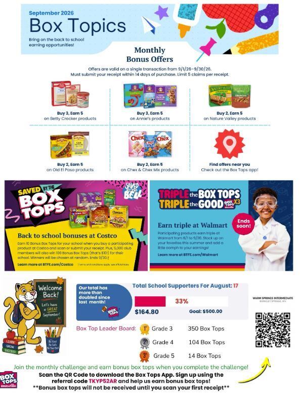 September Box Tops offers, school earnings, leaderboard, and QR code.
