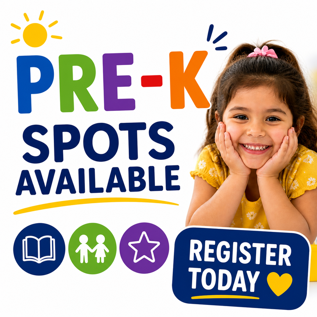 Pre-K spots available with smiling child and register today message