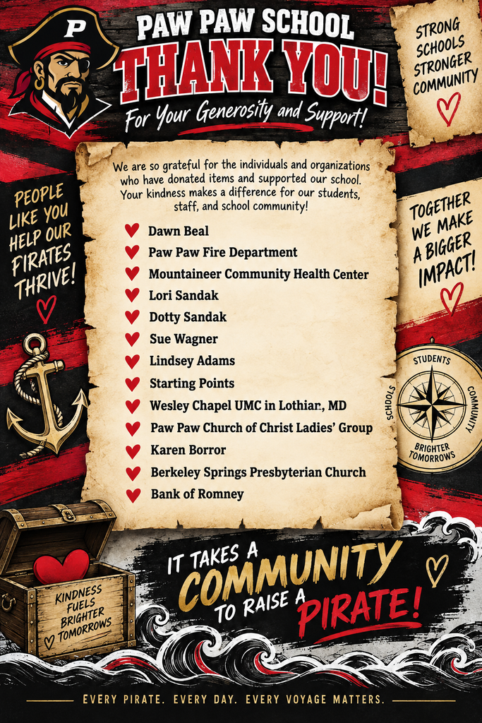 Paw Paw School pirate-themed thank-you infographic recognizing individuals and organizations for their generosity and support. The red, black, white, and antique-gold design features a Pirate mascot, anchor, compass, treasure chest, ocean waves, and parchment-style donor list. Honorees include Dawn Beal, Paw Paw Fire Department, Mountaineer Community Health Center, Lori Sandak, Dotty Sandak, Sue Wagner, Lindsey Adams, Starting Points, Wesley Chapel UMC in Lothian, MD, Paw Paw Church of Christ Ladies’ Group, Karen Borror, Berkeley Springs Presbyterian Church, and Bank of Romney. Messages throughout the graphic emphasize that community kindness helps Paw Paw students, staff, and school thrive, concluding with, “It takes a community to raise a Pirate!” and “Every Pirate. Every Day. Every Voyage Matters.”