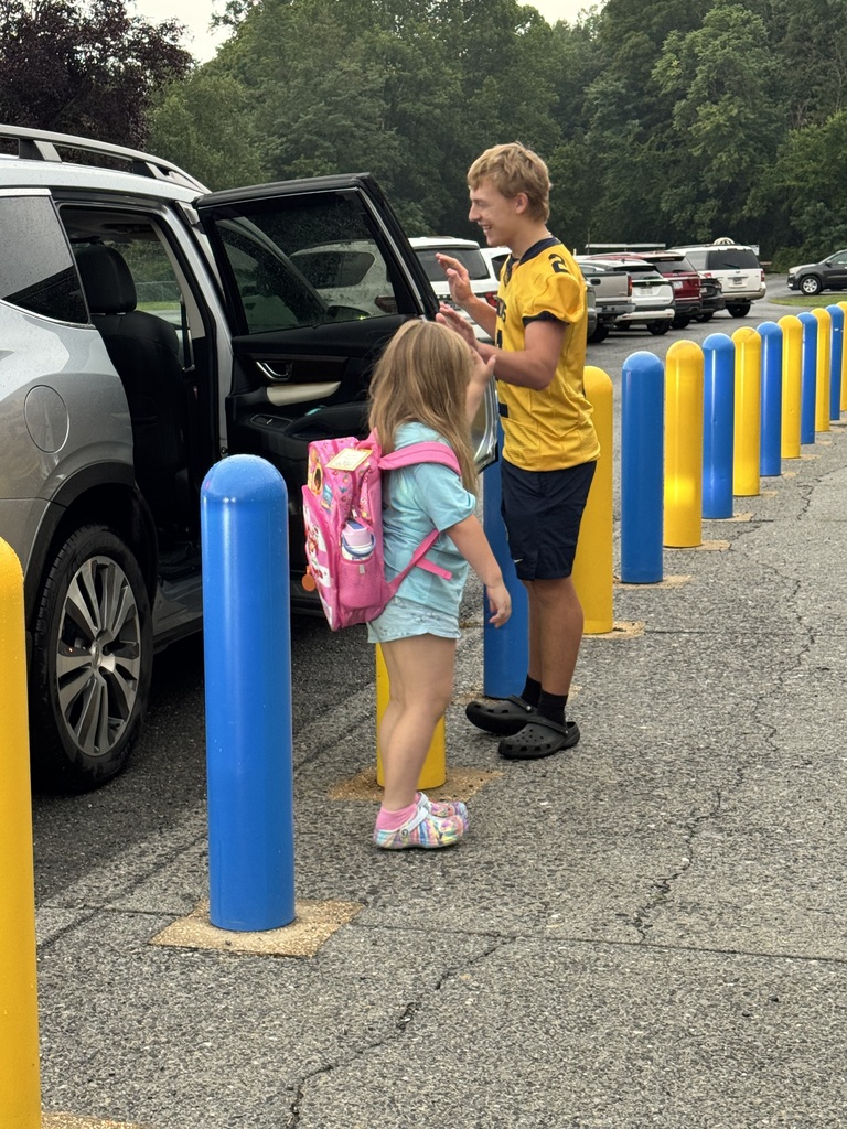 These are pictures of high school students opening car doors and greeting students.
