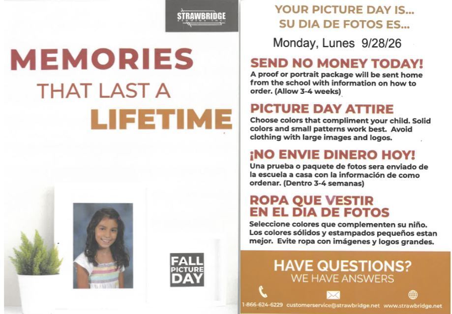 Fall Picture Day is Monday, September 28. No money is needed that day.