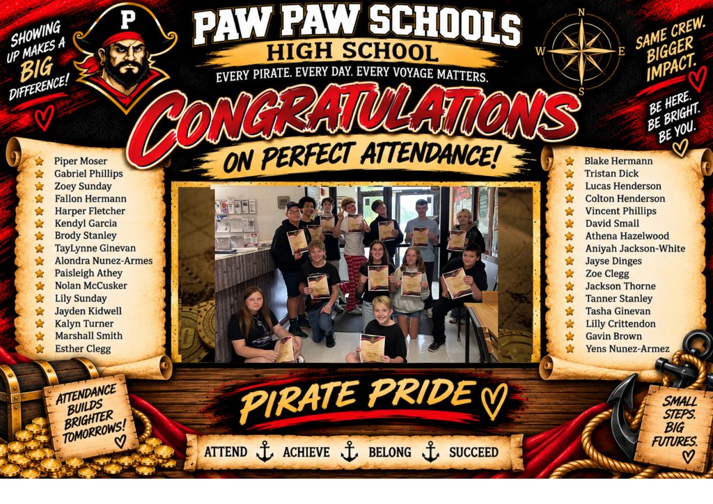 Paw Paw Schools High School perfect attendance recognition graphic in a bold Pirate theme using black, red, gold, and white. The Paw Paw Pirate mascot and a gold compass appear at the top with the motto, “Every Pirate. Every Day. Every Voyage Matters.” Large text reads, “Congratulations on Perfect Attendance!” A large landscape photo placeholder is centered in the design. Student names are listed on parchment scrolls: Aubriana Paul, Athena Brandenburg, Lillian Free, Andee Ross, Isaiah Clegg, Taryn Ginevan, Jayden Largent, Catherine Newlin, Joah Clegg, Richard Pentoney, Justice Smith, Wyatt Henderson, Ray Cunningham, Conner Kendall, Braylen Paul, Jennings Carder, Abagail Williams, Joselyn Smith, William Lloyd, and Matthew Abrell. Pirate-themed elements include treasure, an anchor, rope, and wooden signs with messages about attendance and success. The bottom features “Pirate Pride” and “Attend • Achieve • Belong • Succeed.”