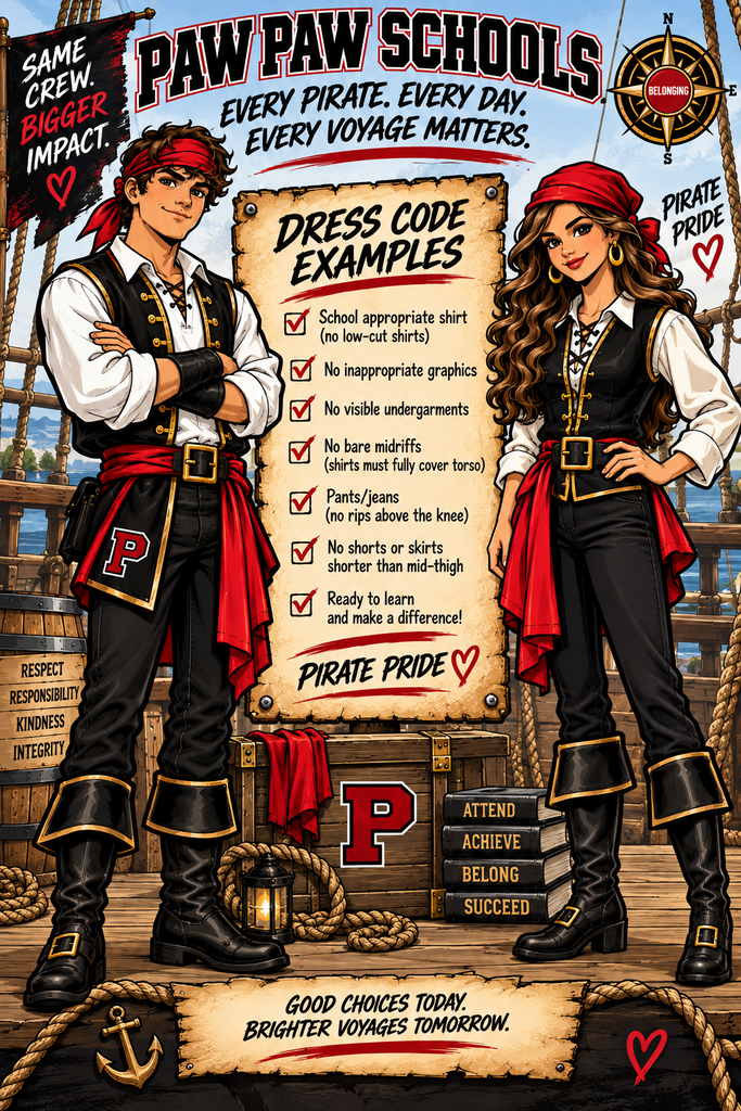 Paw Paw Schools dress code infographic featuring male and female pirate students in coordinated black, white, red, and gold pirate outfits. A parchment sign lists dress code examples: school-appropriate shirts with no low-cut shirts, no inappropriate graphics, no visible undergarments, no bare midriffs, pants or jeans with no rips above the knee, and no shorts or skirts shorter than mid-thigh. Pirate-themed elements include a compass labeled “Belonging,” ship deck, ropes, treasure chest, lantern, anchor, and the messages “Same Crew. Bigger Impact,” “Pirate Pride,” “Every Pirate. Every Day. Every Voyage Matters,” and “Good Choices Today. Brighter Voyages Tomorrow.”