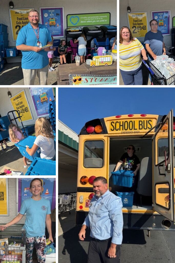 More volunteers are pictured and the back of the bus being unloaded