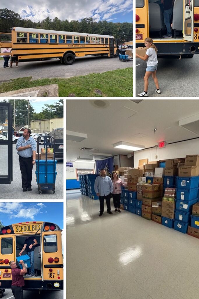 The bus is being unloaded in these pictures and many totes full of supplies are stacked up inside of Widmyer Elementary.