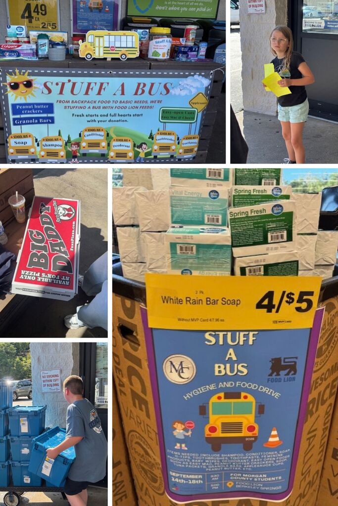 Pictured are our Stuff A Bus Food and Hygiene drive volunteers, the soap display, and pizza provided by a local State Farm agent.