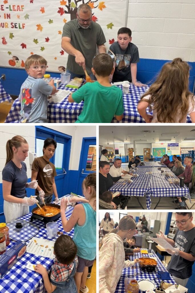 High school and middle school volunteers along with Widmyer students are pictured, along with their parents. The kids are all cooking lasagna in skillets, and the parents are doing a mental health lesson.