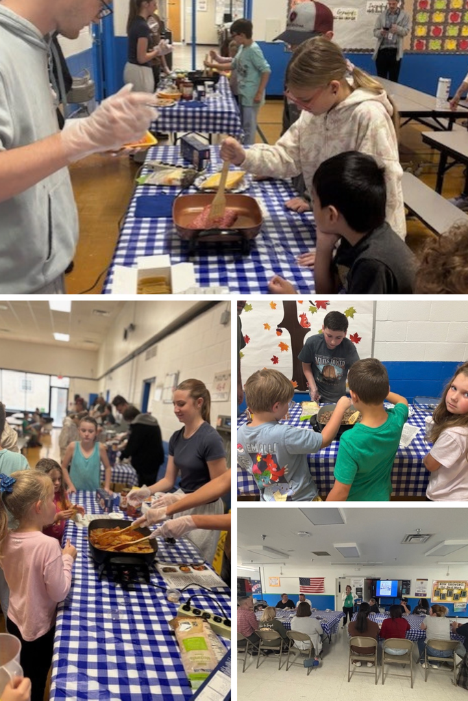 High school and middle school volunteers along with Widmyer students are pictured, along with their parents. The kids are all cooking lasagna in skillets, and the parents are doing a mental health lesson.