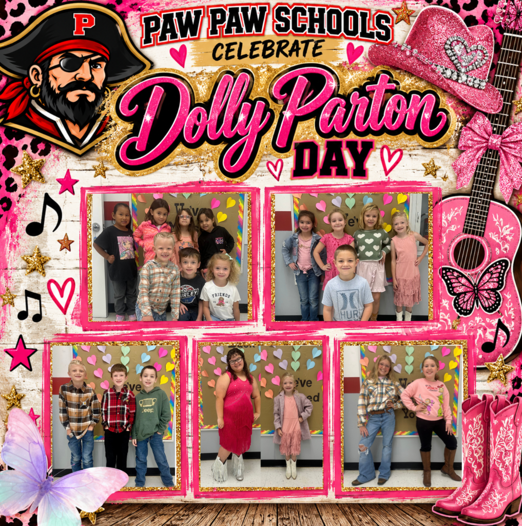 Paw Paw Schools “Celebrate Dolly Parton Day” social media template featuring a colorful country-inspired design in pink, black, white, red, and glittering gold. The Paw Paw Pirate mascot appears in the upper left beside the large headline, “Paw Paw Schools Celebrate Dolly Parton Day.” Five blank photo spaces—two across the middle and three along the bottom—are framed with pink and gold borders for adding celebration photos. Decorative elements include a sparkling pink cowboy hat, pink guitar, cowboy boots, butterflies, hearts, stars, musical notes, leopard print, and rustic wood textures. The design combines Paw Paw Schools’ Pirate identity with a fun, sparkly country-music theme.