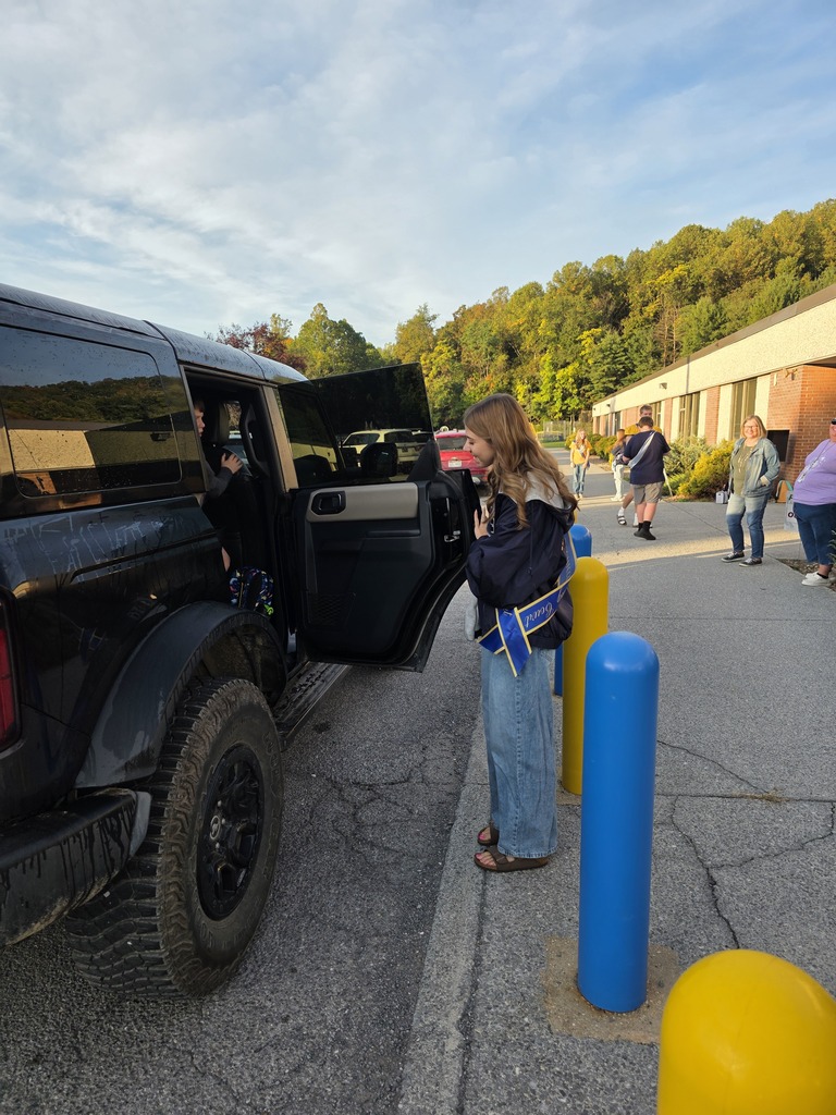 These are pictures of high school students opening car doors and greeting students.