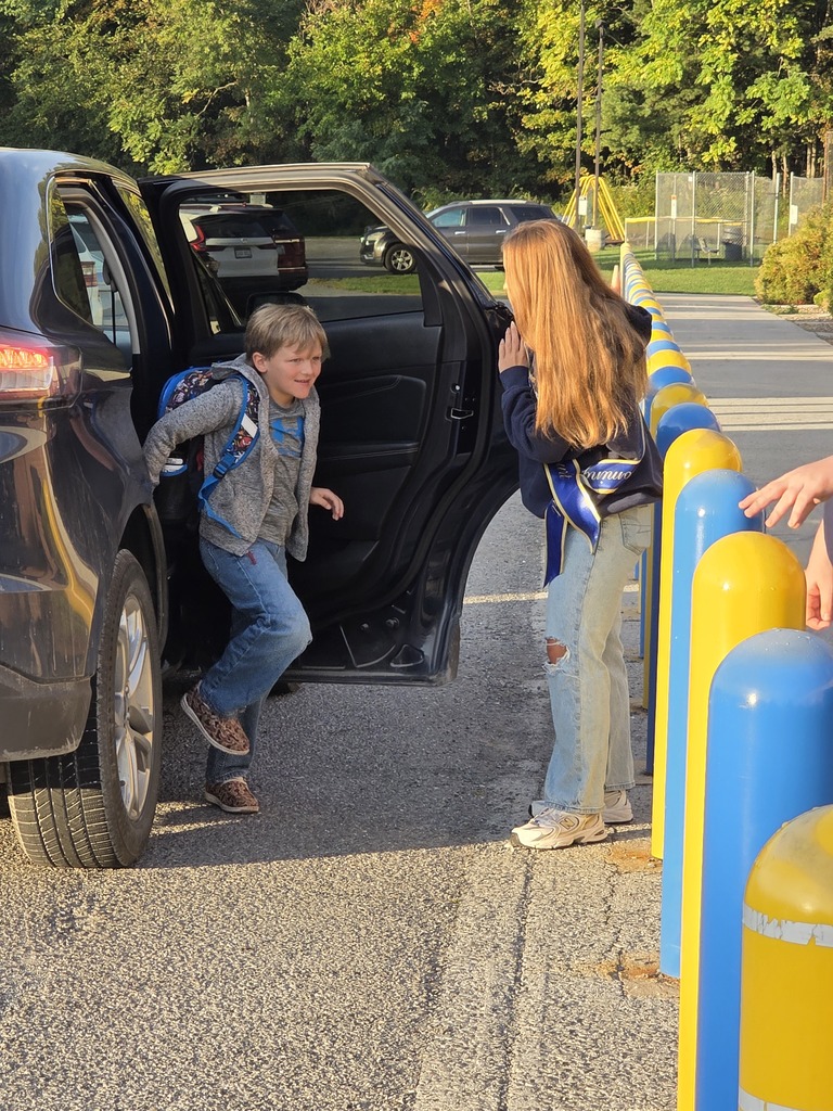 These are pictures of high school students opening car doors and greeting students.