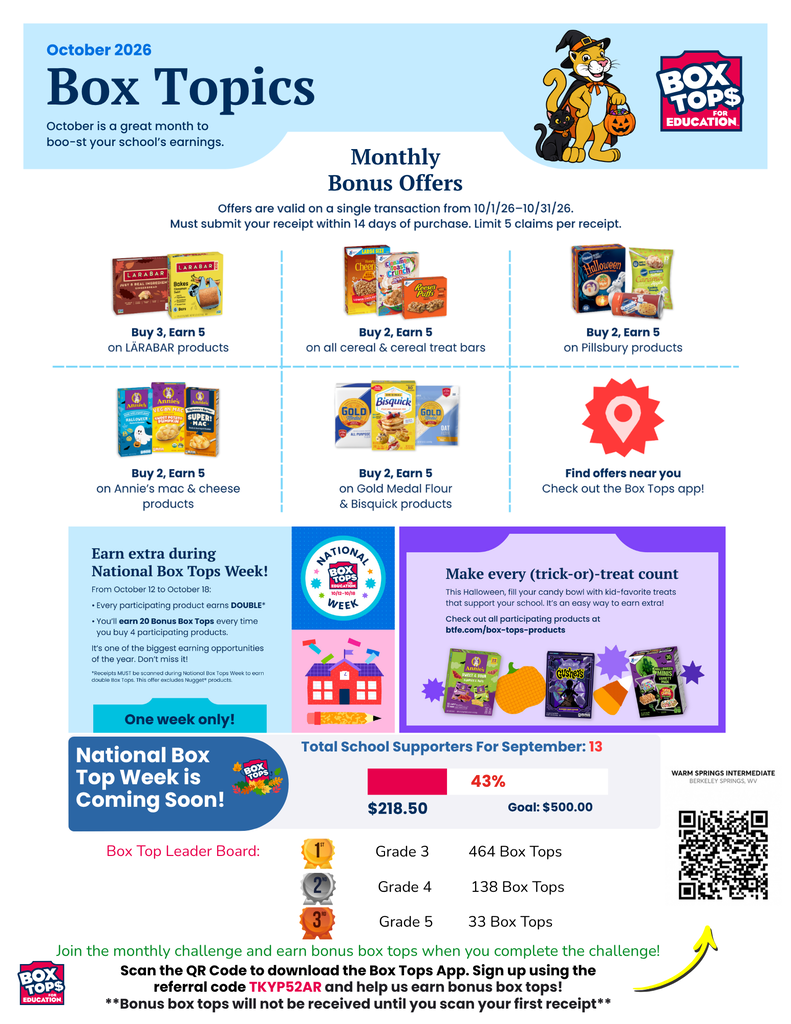 October Box Tops flyer highlighting bonus offers, school earnings, and challenge.