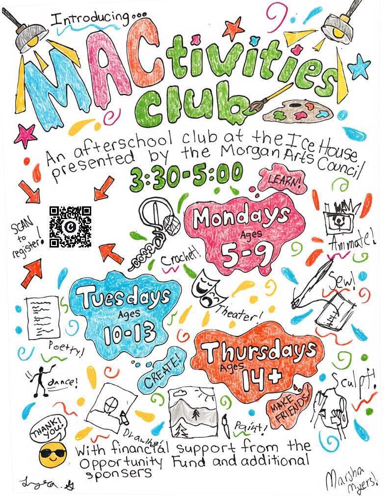 After-school programming at the Ice House in Morgan County, presented by the Morgan Arts Council, offering free creative activities for students of all ages.
