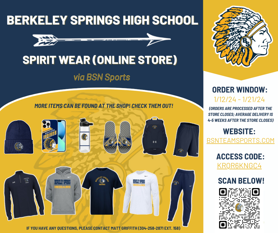 BSHS Spirit Wear Store is OPEN (Jan. 12 - Jan. 21)! Here is the link: https://bsnteamsports.com/shop/krqR6KNGc4