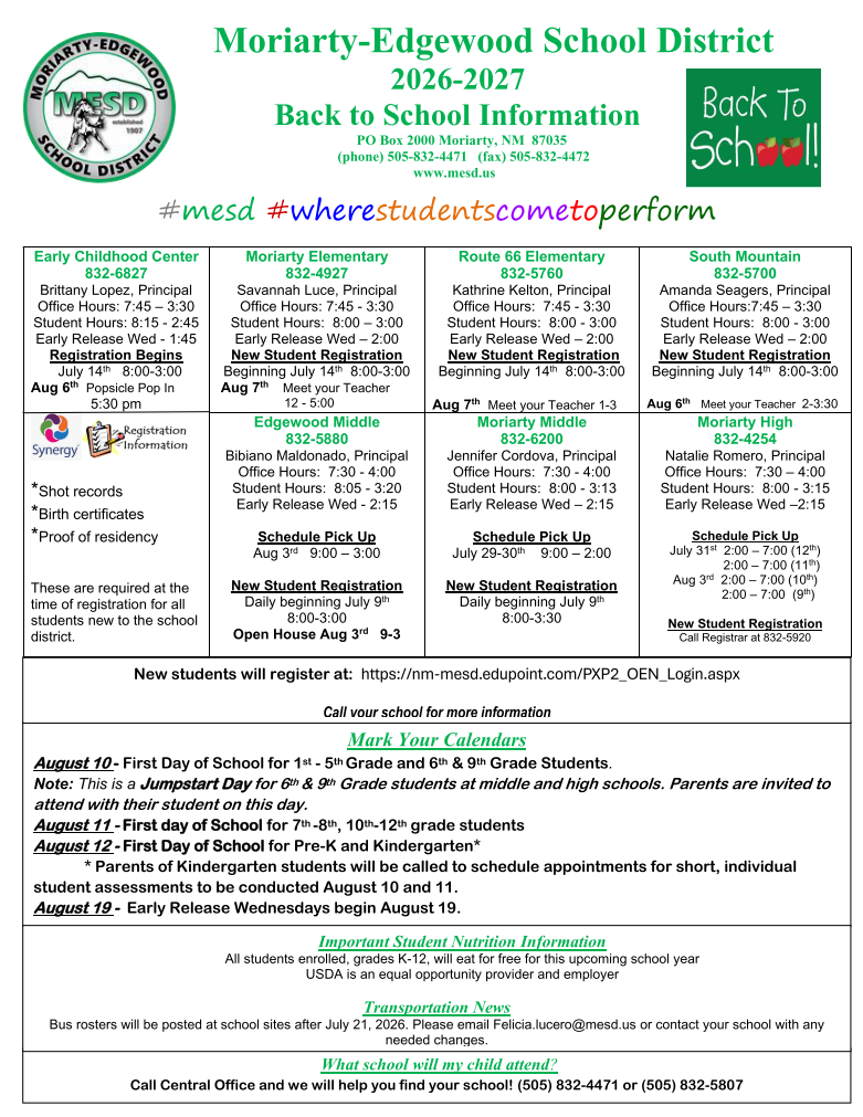 2026-2027 Back to School Information