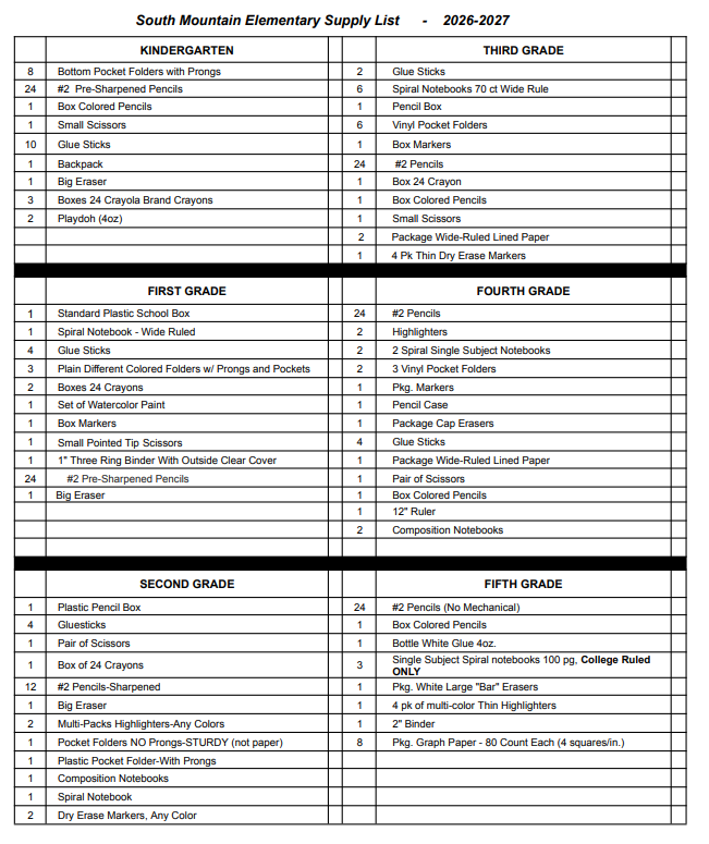 SME School Supply list