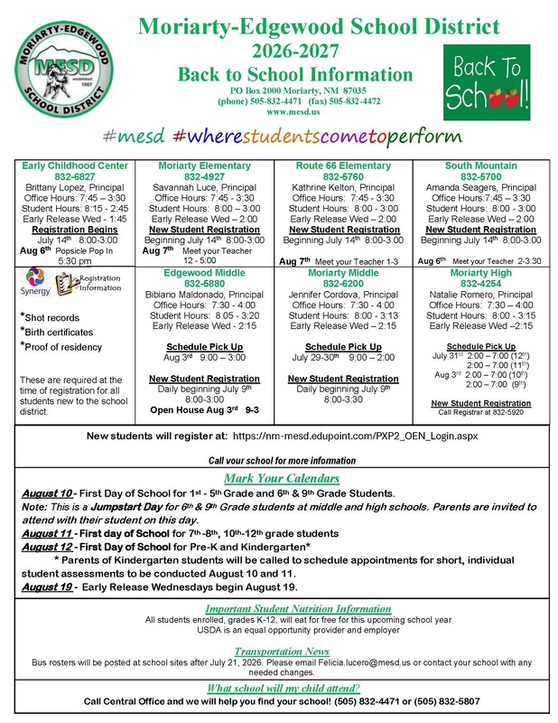 Back to School Information 2026-2027