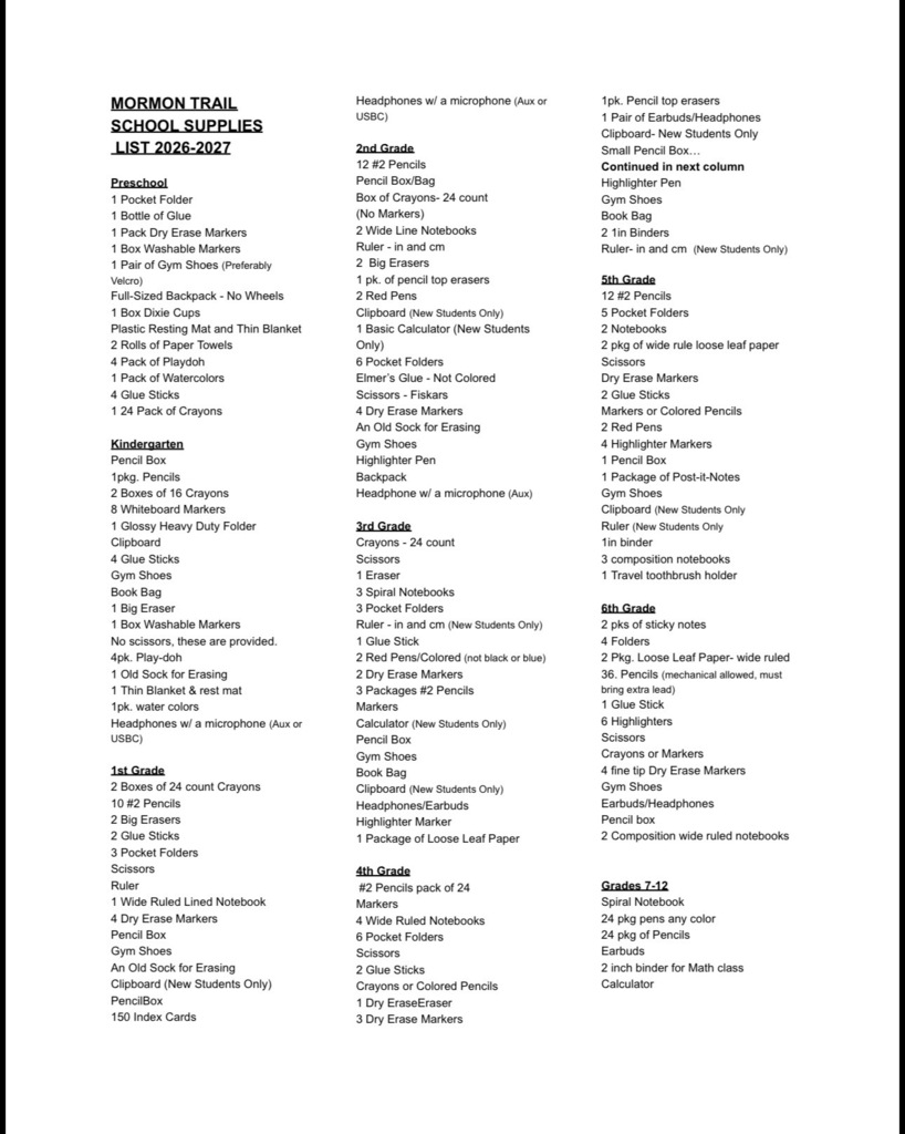 School supply list