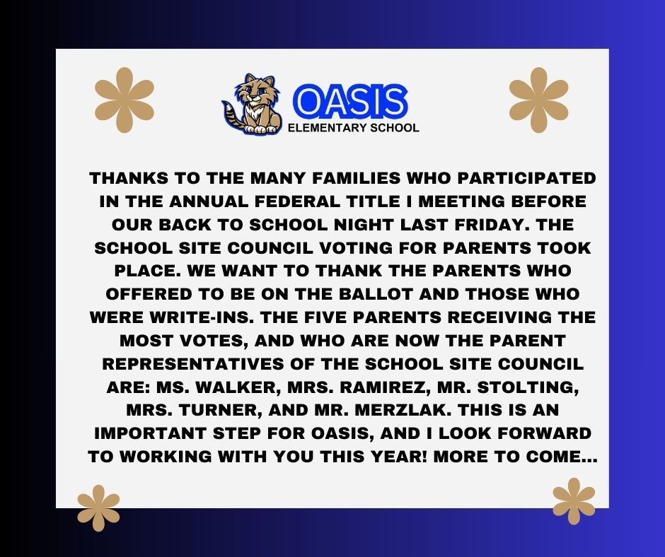 Image thanks parents for joining us for back to school night. It also provides results for the School Site Council Voting.