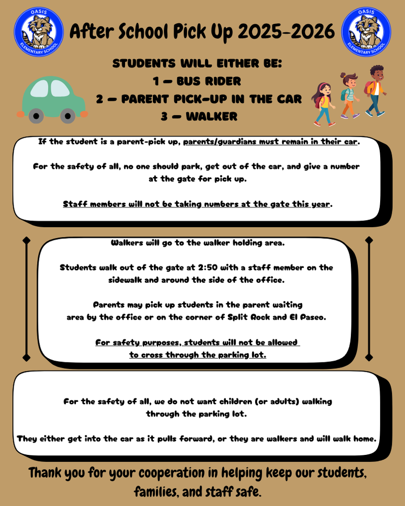 Flyer with information about new after school pick up procedures for the 2025-2026 school year.