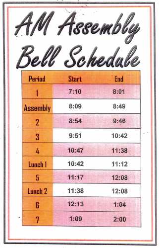 An image detailing the bell schedule for morning pep assemblies.