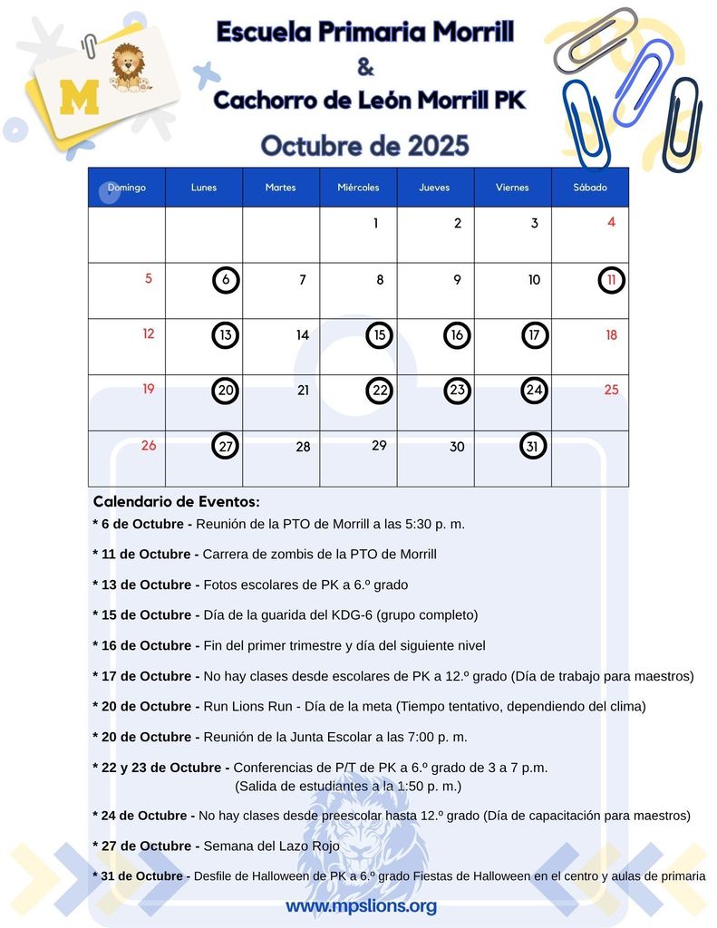 Monthly Calendar - Oct. 2025 (Spanish)