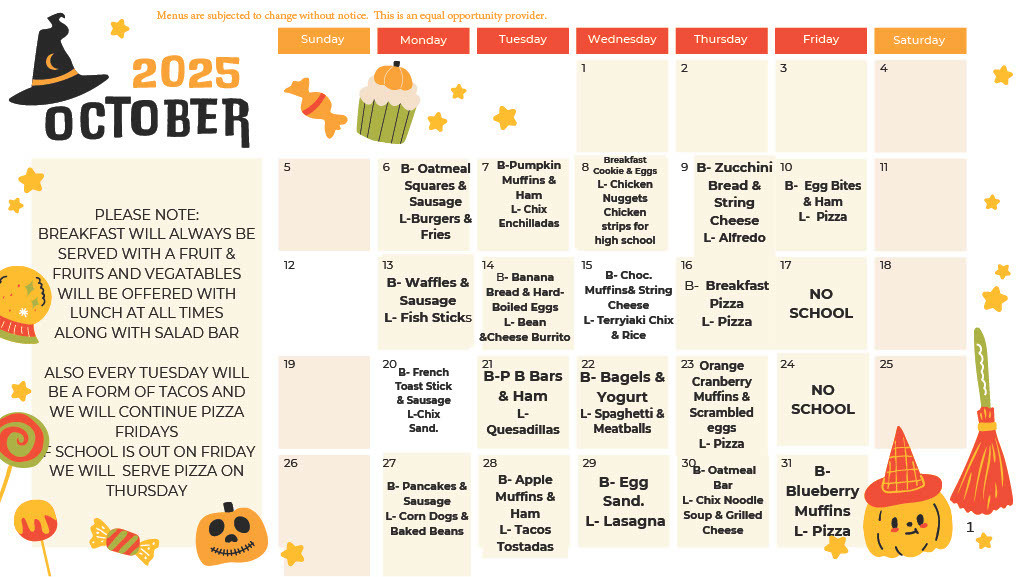 Oct. 2025 Breakfast/Lunch Menu