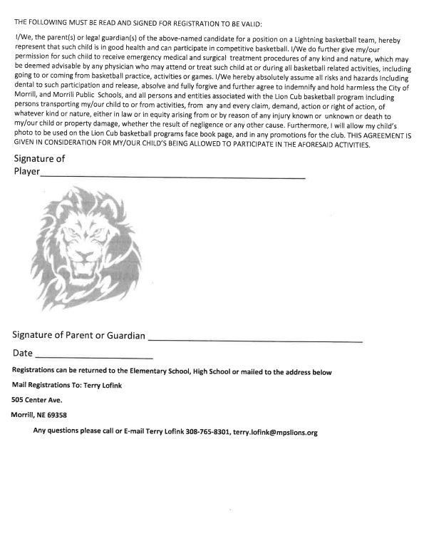 Lion Cub Basketball Registration (Pg. 2)