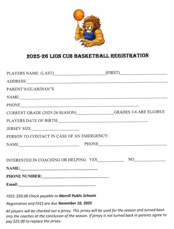 Lion Cub Basketball Registration (Pg. 1)