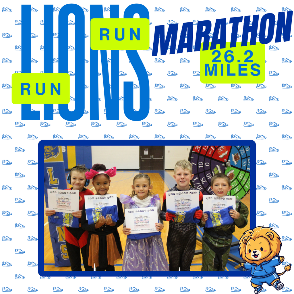 This year we had a whole pride of Lions running every morning to complete their marathon! For some of them it was their 4th time participating! We had 1256.25 total miles completed by all of our runners across the grades. A total of 26 Lions completed a full marathon! A special shout out to our sponsors: First State Bank - Torrington, Lackey Trucking, The Roasted Mug, and Westco! We appreciate all you do for our school! Students earned a charm for their running necklaces for every 5 miles they completed. Marathon runners received a t-shirt too! Thank you to Miss Jessi and Mrs. Lackey for helping to organize this event each year. We love seeing how many students take on the challenge. Congratulations to all of our runners!