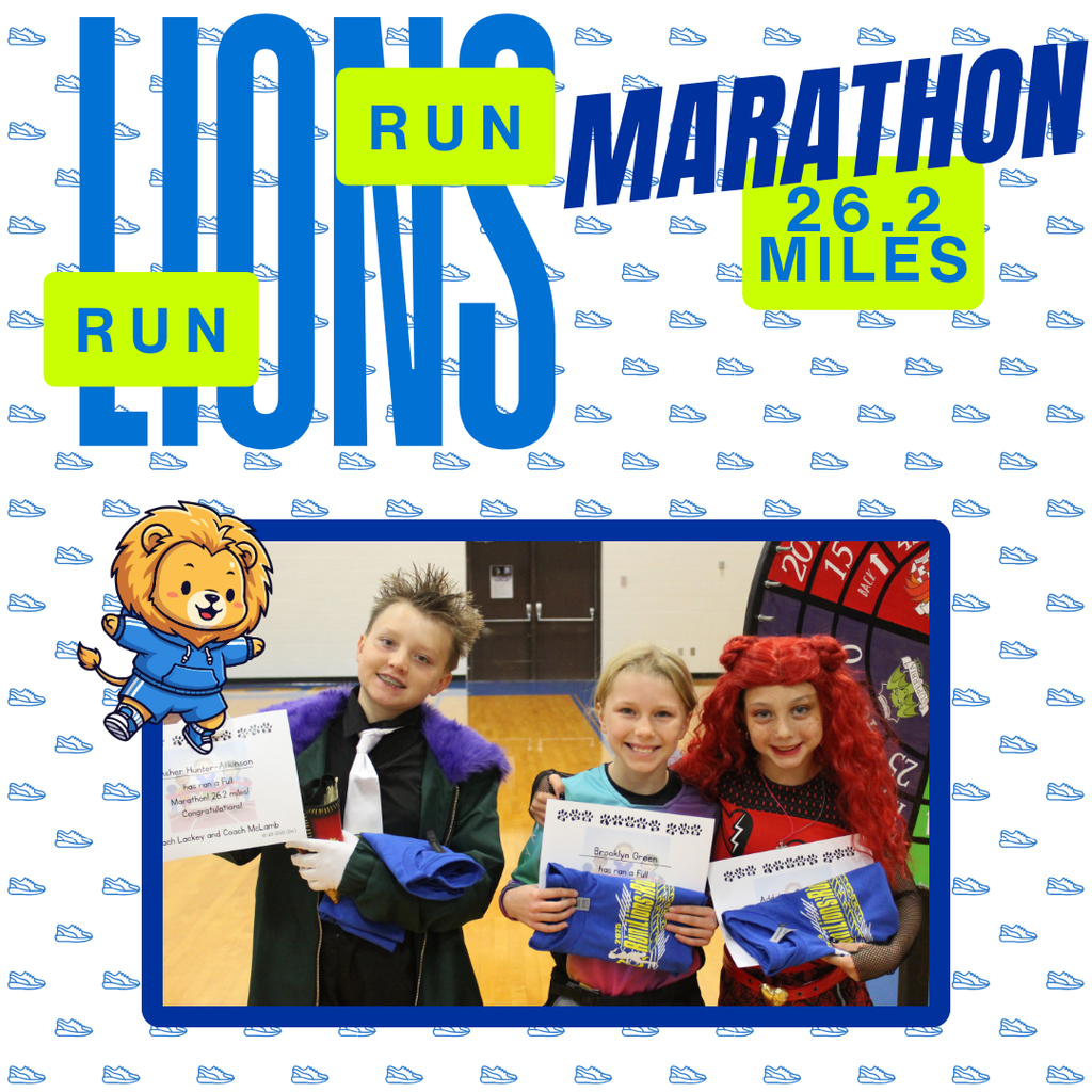 This year we had a whole pride of Lions running every morning to complete their marathon! For some of them it was their 4th time participating! We had 1256.25 total miles completed by all of our runners across the grades. A total of 26 Lions completed a full marathon! A special shout out to our sponsors: First State Bank - Torrington, Lackey Trucking, The Roasted Mug, and Westco! We appreciate all you do for our school! Students earned a charm for their running necklaces for every 5 miles they completed. Marathon runners received a t-shirt too! Thank you to Miss Jessi and Mrs. Lackey for helping to organize this event each year. We love seeing how many students take on the challenge. Congratulations to all of our runners!