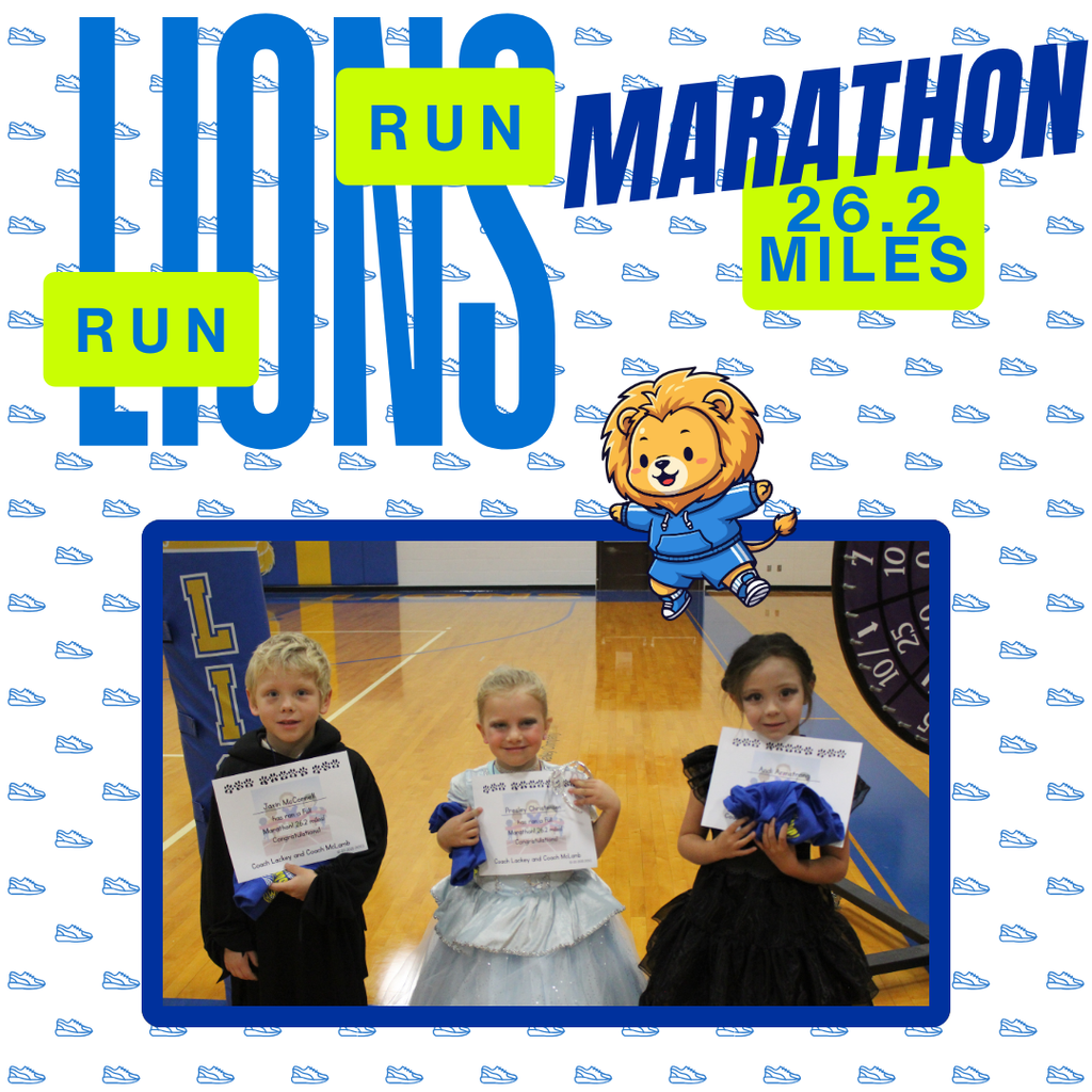 This year we had a whole pride of Lions running every morning to complete their marathon! For some of them it was their 4th time participating! We had 1256.25 total miles completed by all of our runners across the grades. A total of 26 Lions completed a full marathon! A special shout out to our sponsors: First State Bank - Torrington, Lackey Trucking, The Roasted Mug, and Westco! We appreciate all you do for our school! Students earned a charm for their running necklaces for every 5 miles they completed. Marathon runners received a t-shirt too! Thank you to Miss Jessi and Mrs. Lackey for helping to organize this event each year. We love seeing how many students take on the challenge. Congratulations to all of our runners!