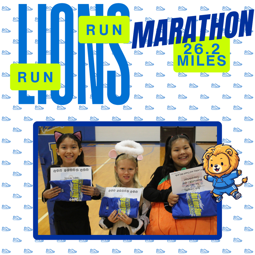 This year we had a whole pride of Lions running every morning to complete their marathon! For some of them it was their 4th time participating! We had 1256.25 total miles completed by all of our runners across the grades. A total of 26 Lions completed a full marathon! A special shout out to our sponsors: First State Bank - Torrington, Lackey Trucking, The Roasted Mug, and Westco! We appreciate all you do for our school! Students earned a charm for their running necklaces for every 5 miles they completed. Marathon runners received a t-shirt too! Thank you to Miss Jessi and Mrs. Lackey for helping to organize this event each year. We love seeing how many students take on the challenge. Congratulations to all of our runners!