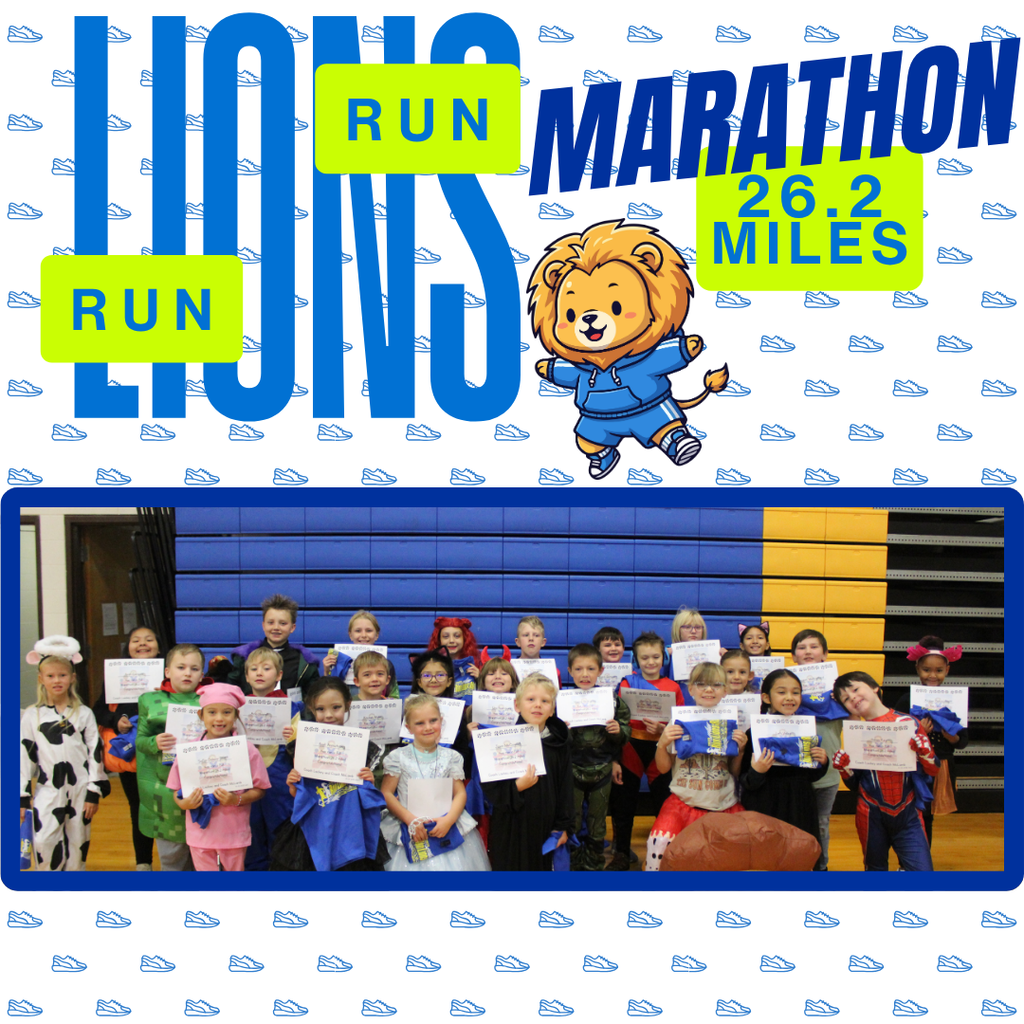 This year we had a whole pride of Lions running every morning to complete their marathon! For some of them it was their 4th time participating! We had 1256.25 total miles completed by all of our runners across the grades. A total of 26 Lions completed a full marathon! A special shout out to our sponsors: First State Bank - Torrington, Lackey Trucking, The Roasted Mug, and Westco! We appreciate all you do for our school! Students earned a charm for their running necklaces for every 5 miles they completed. Marathon runners received a t-shirt too! Thank you to Miss Jessi and Mrs. Lackey for helping to organize this event each year. We love seeing how many students take on the challenge. Congratulations to all of our runners!