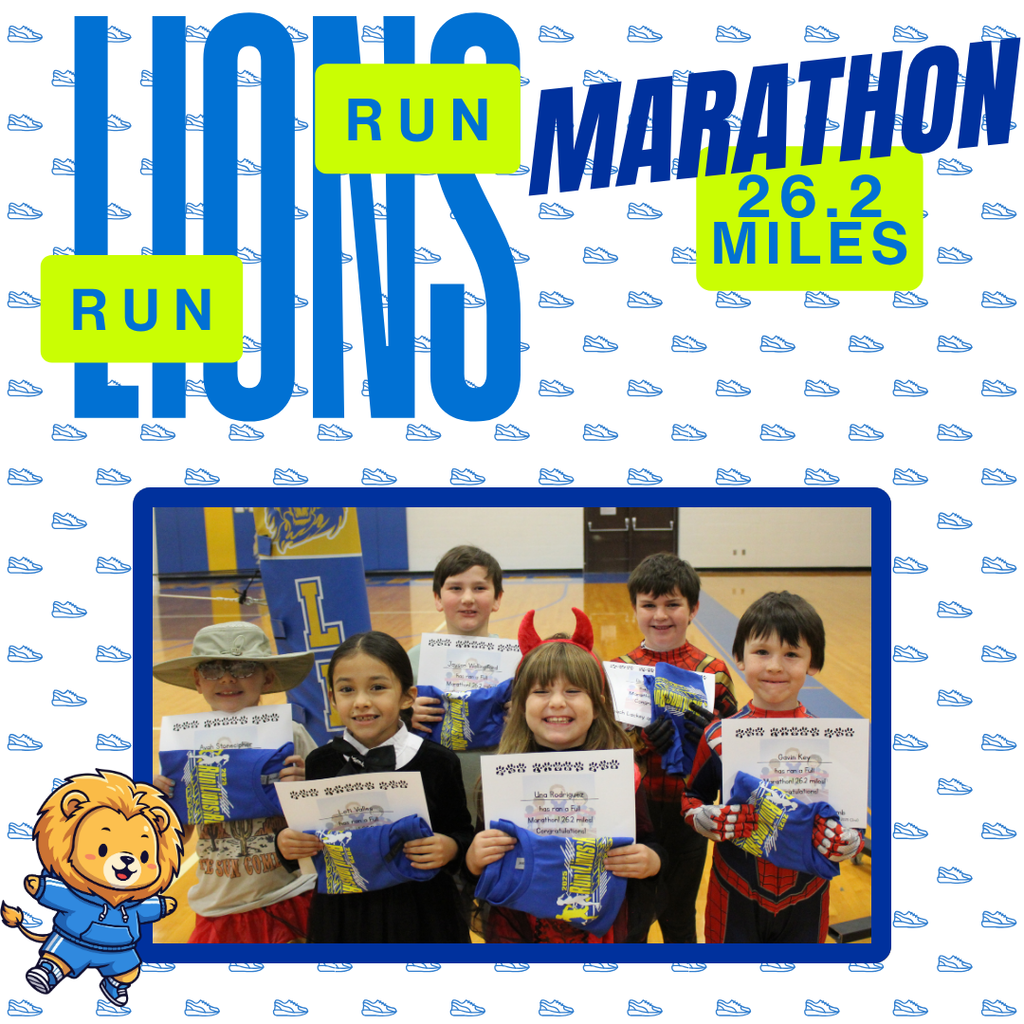 This year we had a whole pride of Lions running every morning to complete their marathon! For some of them it was their 4th time participating! We had 1256.25 total miles completed by all of our runners across the grades. A total of 26 Lions completed a full marathon! A special shout out to our sponsors: First State Bank - Torrington, Lackey Trucking, The Roasted Mug, and Westco! We appreciate all you do for our school! Students earned a charm for their running necklaces for every 5 miles they completed. Marathon runners received a t-shirt too! Thank you to Miss Jessi and Mrs. Lackey for helping to organize this event each year. We love seeing how many students take on the challenge. Congratulations to all of our runners!