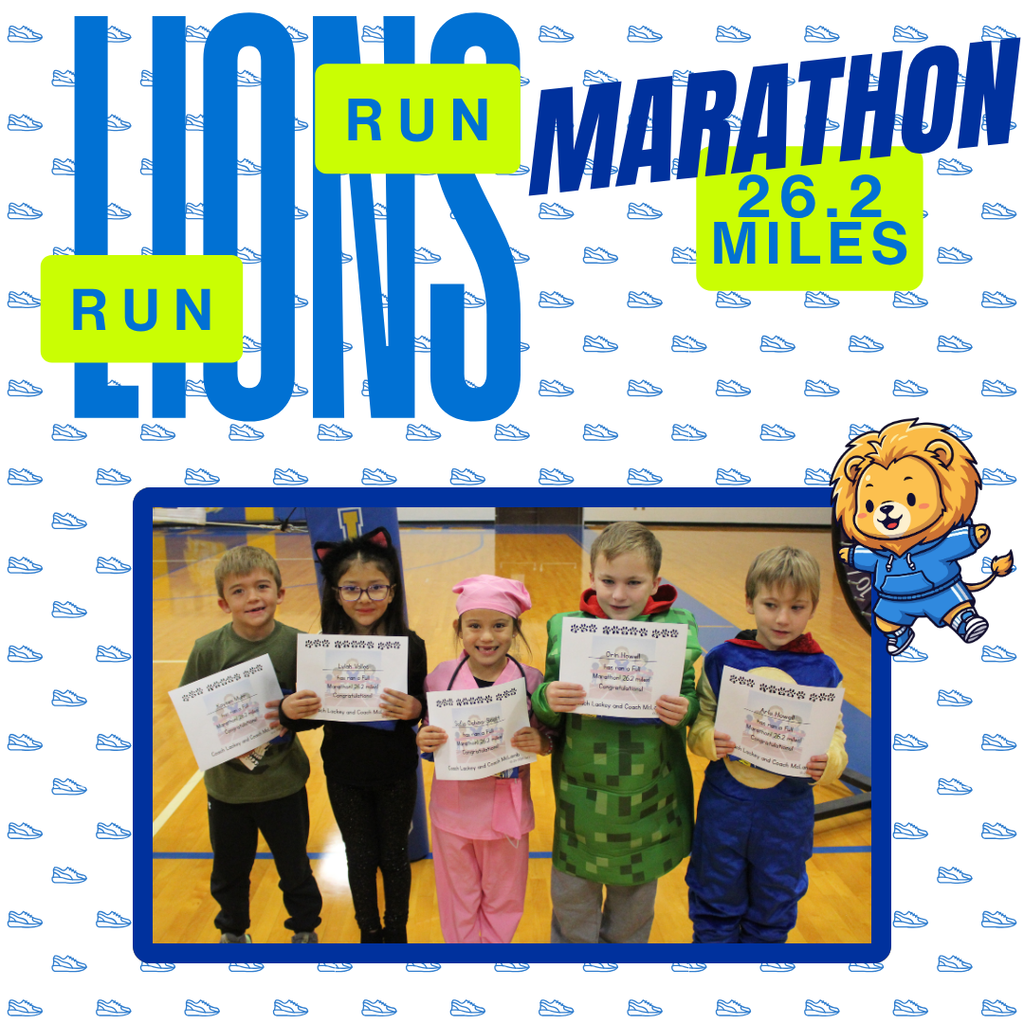 This year we had a whole pride of Lions running every morning to complete their marathon! For some of them it was their 4th time participating! We had 1256.25 total miles completed by all of our runners across the grades. A total of 26 Lions completed a full marathon! A special shout out to our sponsors: First State Bank - Torrington, Lackey Trucking, The Roasted Mug, and Westco! We appreciate all you do for our school! Students earned a charm for their running necklaces for every 5 miles they completed. Marathon runners received a t-shirt too! Thank you to Miss Jessi and Mrs. Lackey for helping to organize this event each year. We love seeing how many students take on the challenge. Congratulations to all of our runners!