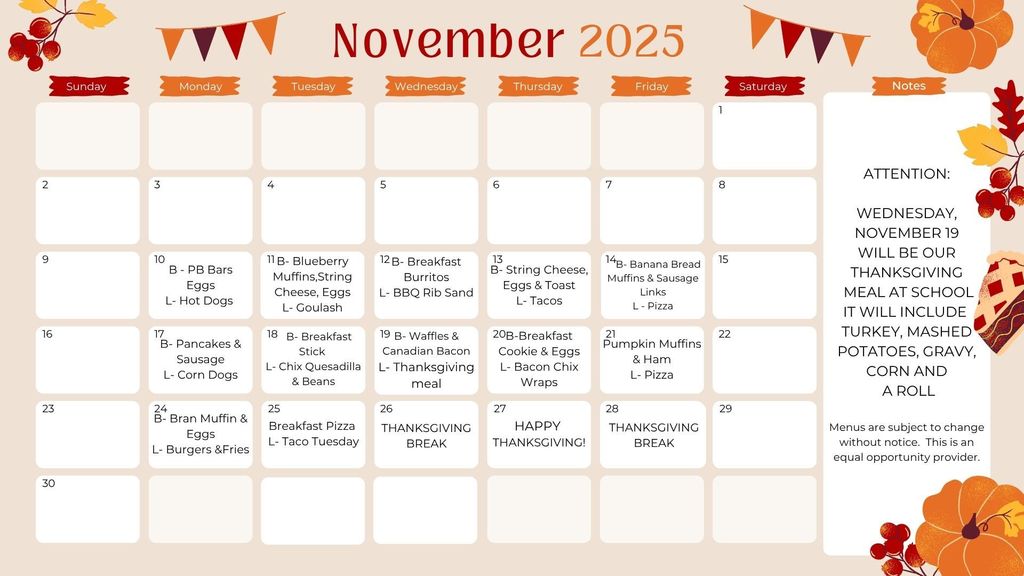 November 2025 Breakfast/Lunch Menu