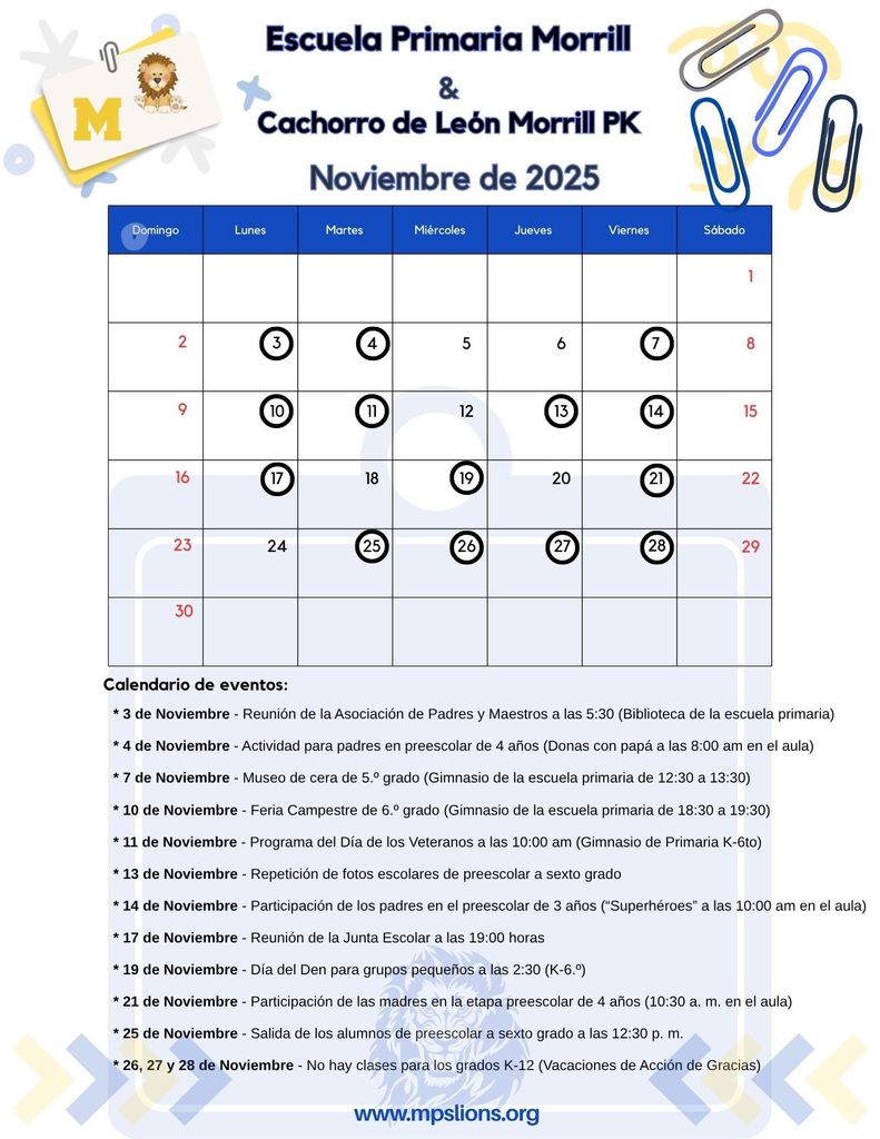 Nov. 2025 Monthly Calendar (Spanish)