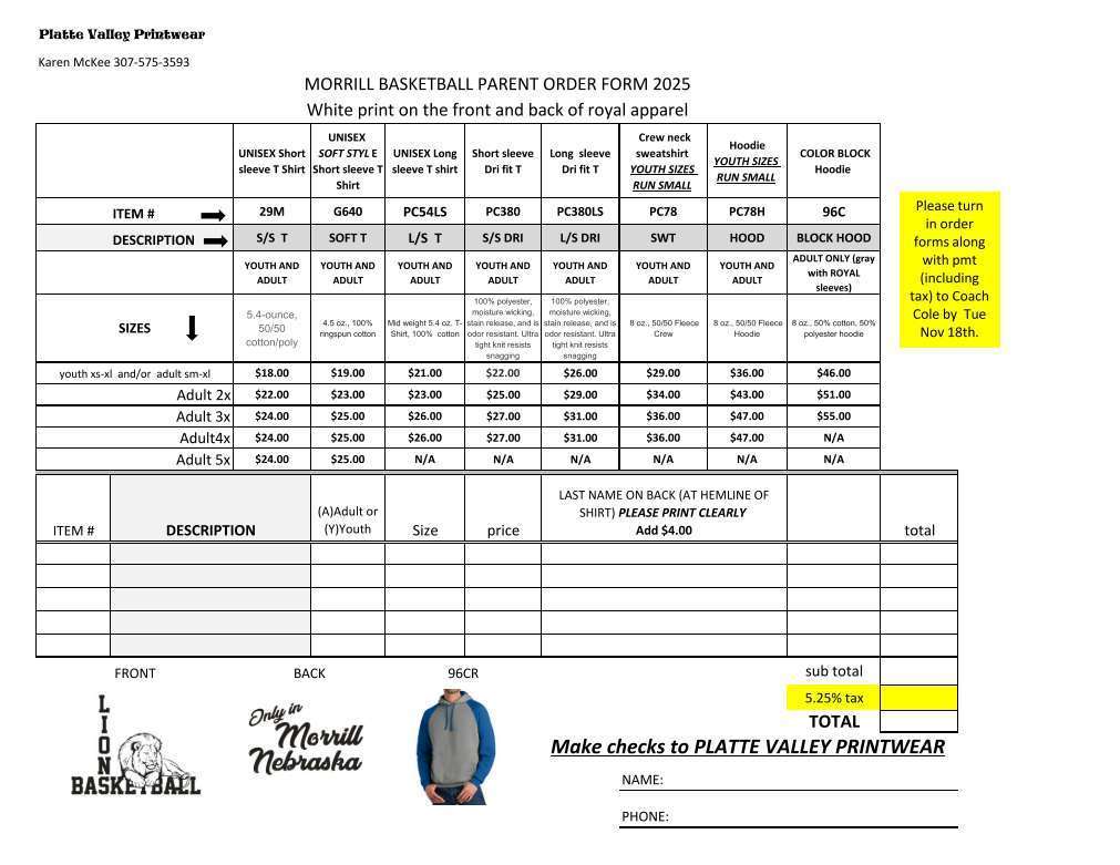 Boys BB Shirt Order Form