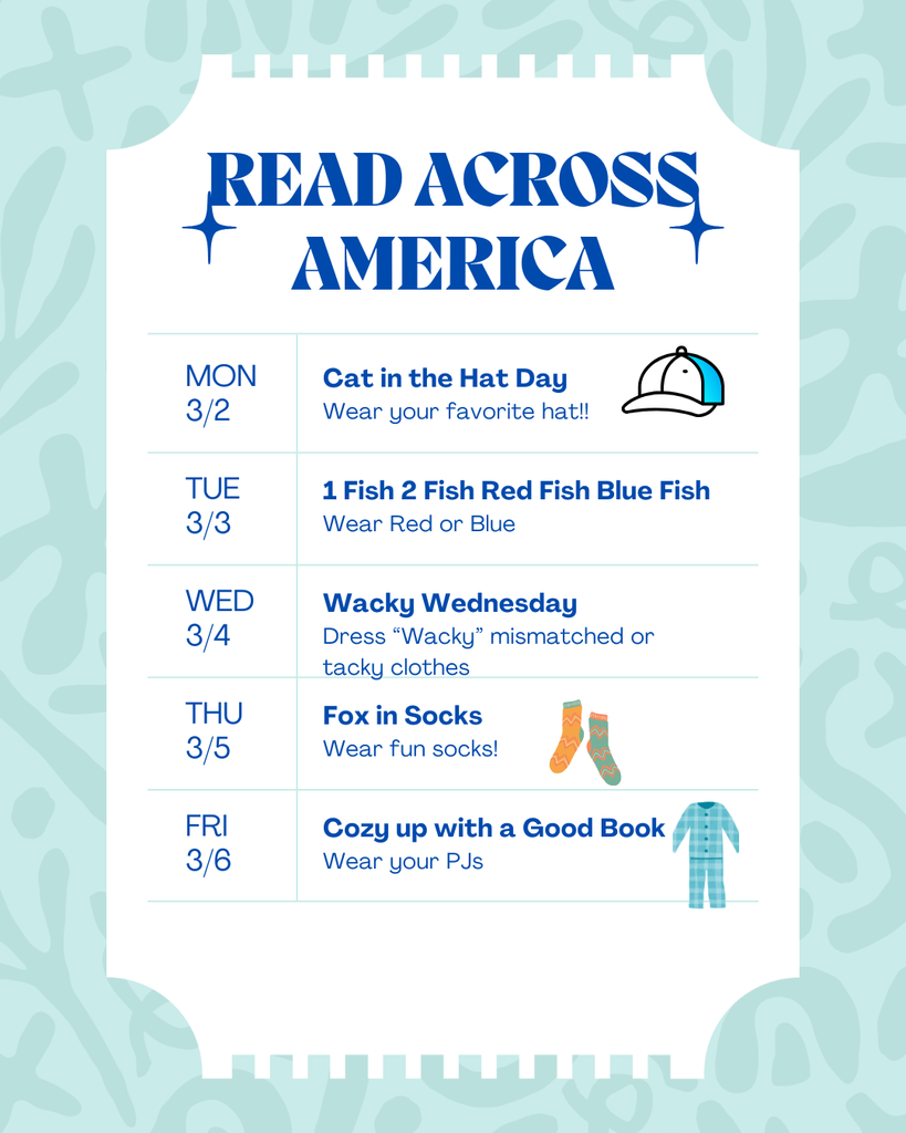 We’re celebrating **Read Across America Week**! 📚✨  This special week, launched by the National Education Association, is all about building a love of reading and reminding our students that books open doors to imagination, knowledge, and adventure.  Our themed dress-up days aren’t just for fun (although they definitely are fun! 🎉). Each day is thoughtfully designed to connect back to reading and help students remember that books can take them anywhere. Whether they’re dressing like a favorite character, wearing cozy reading clothes, or celebrating different genres, every spirit day ties back to one important message:  **Read every day. Read in every way.**  We can’t wait to see our students show their school spirit and grow as readers all week long! 💙📖
