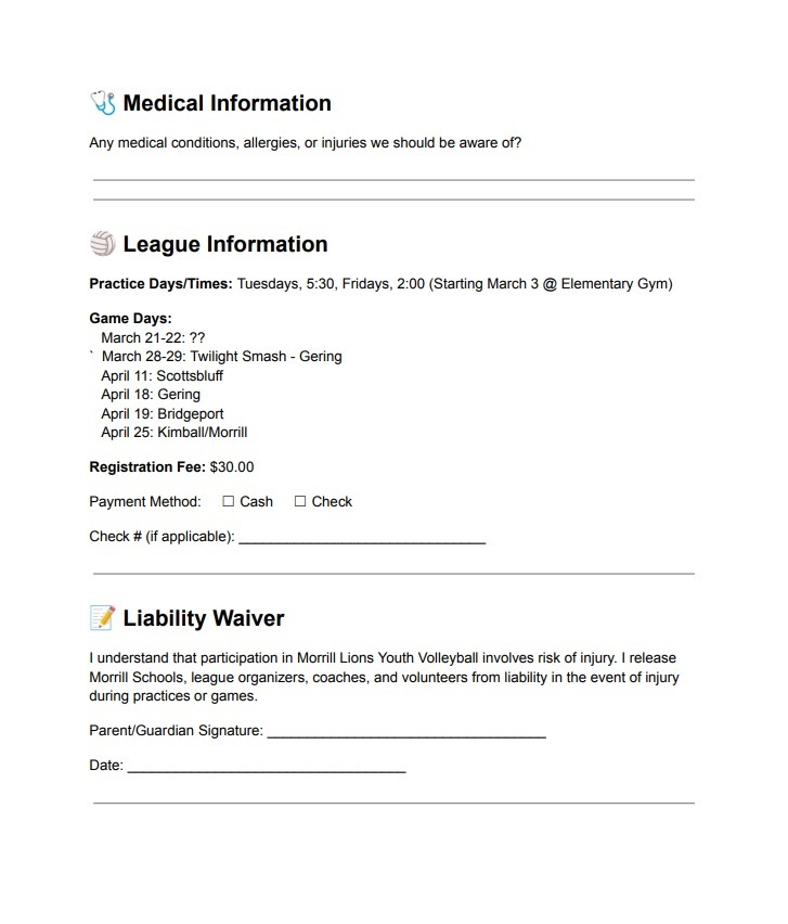 Youth Volleyball Registration Form (pg. 2)