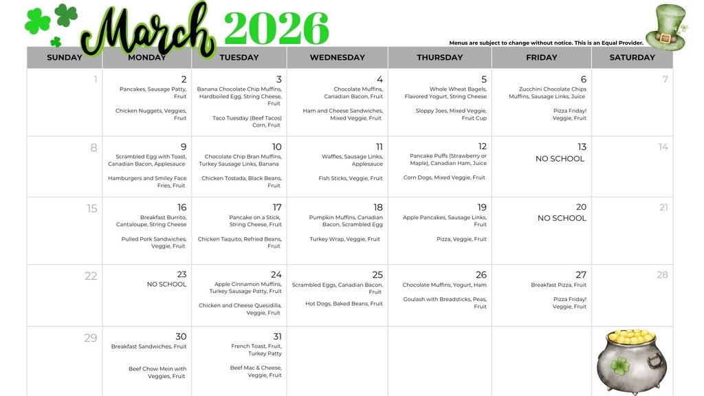 March 2026 Menu