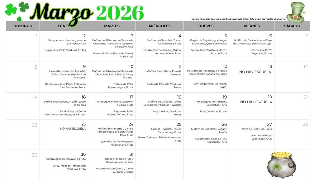 March 2026 Menu