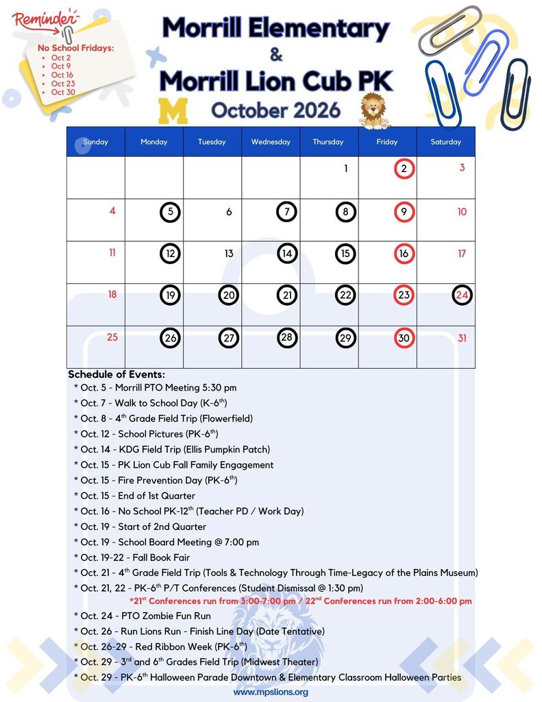Oct. 2026 Monthly Calendar