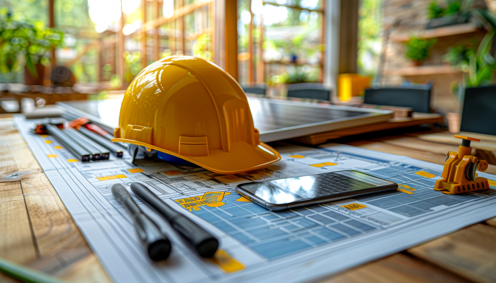 table with construction tools