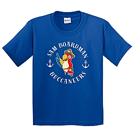 blue t shirt with Sam Boardman parrot logo