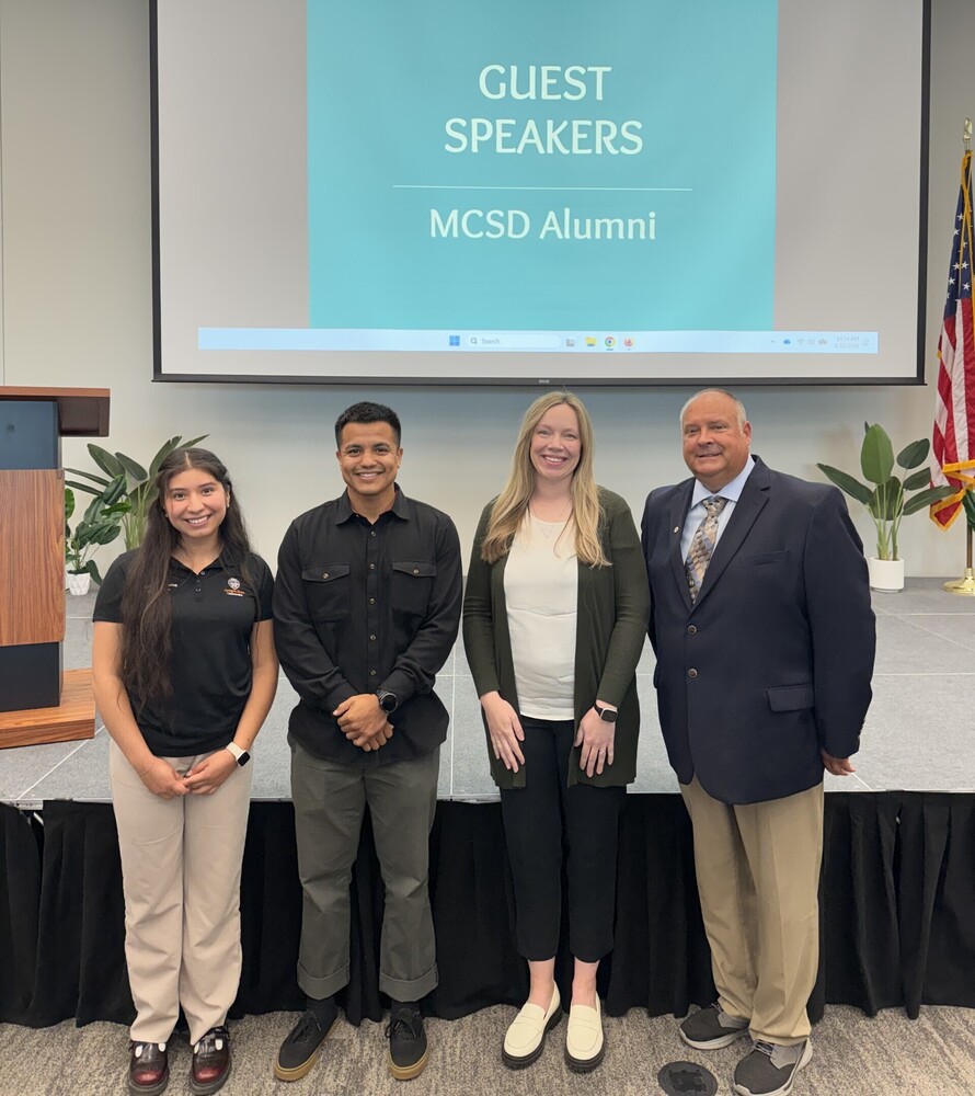 Pictured: Caren Cardenas, Omar Murillo, Dr. Emily Jack, Superintendent Matt Combe
